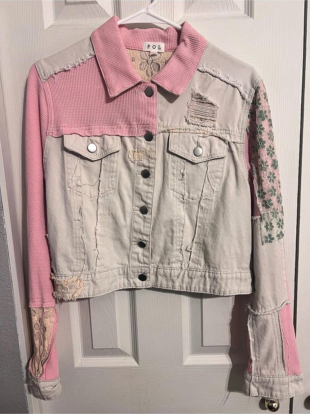 POL Distressed Floral Sleeve Jean Jacket in Pink & CREAM